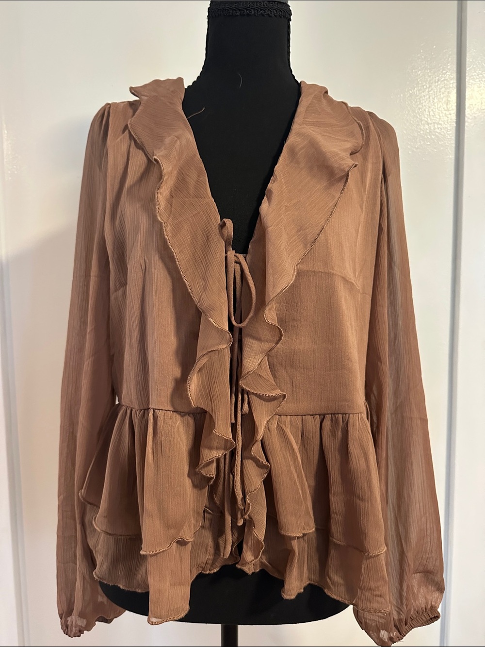 Ruffled Tie-Front Lightweight Blouse - Taupe